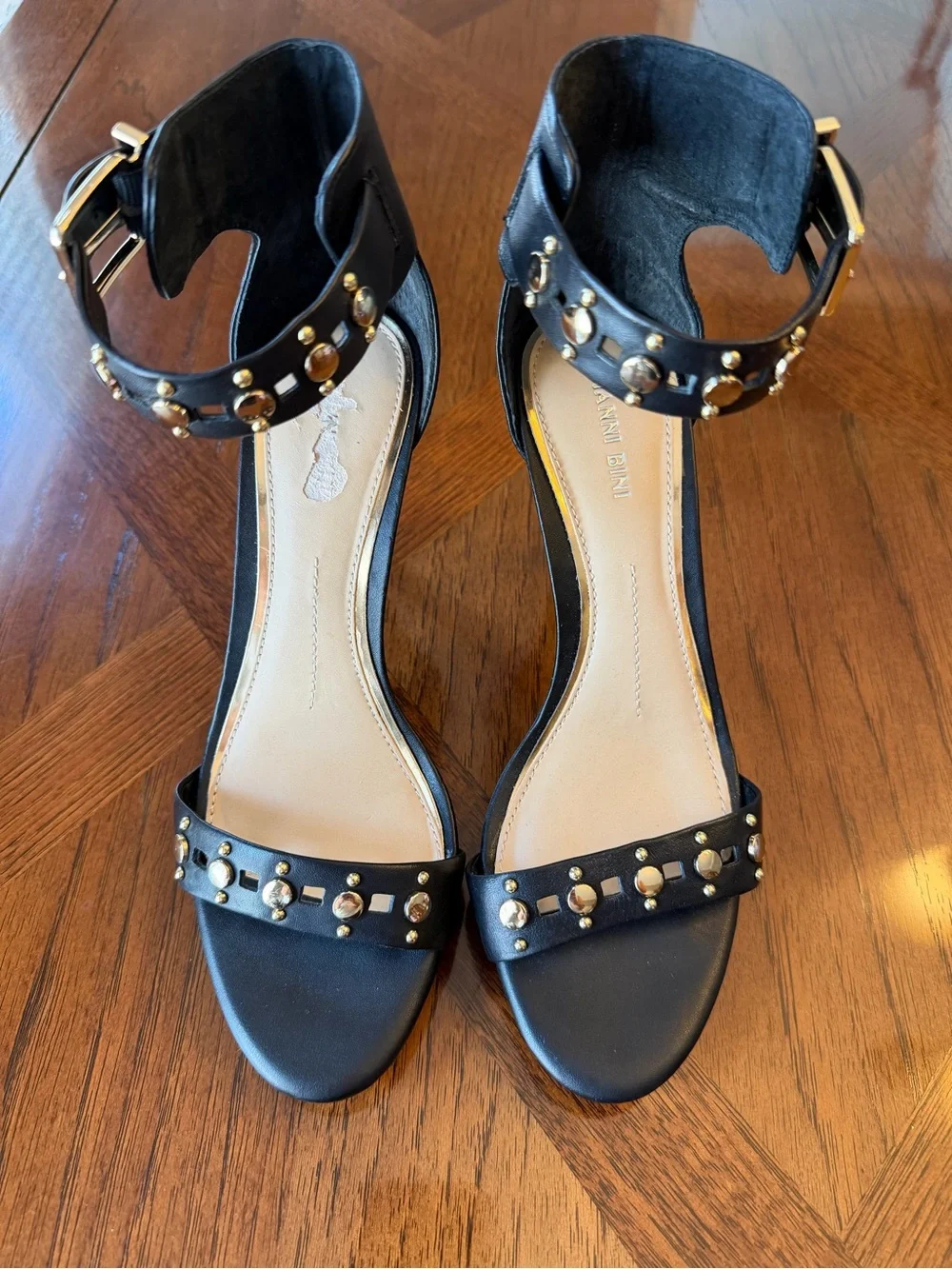 Gianni Bini Black Leather Studded Ankle Strap Gladiator Stiletto Heels 9.5M